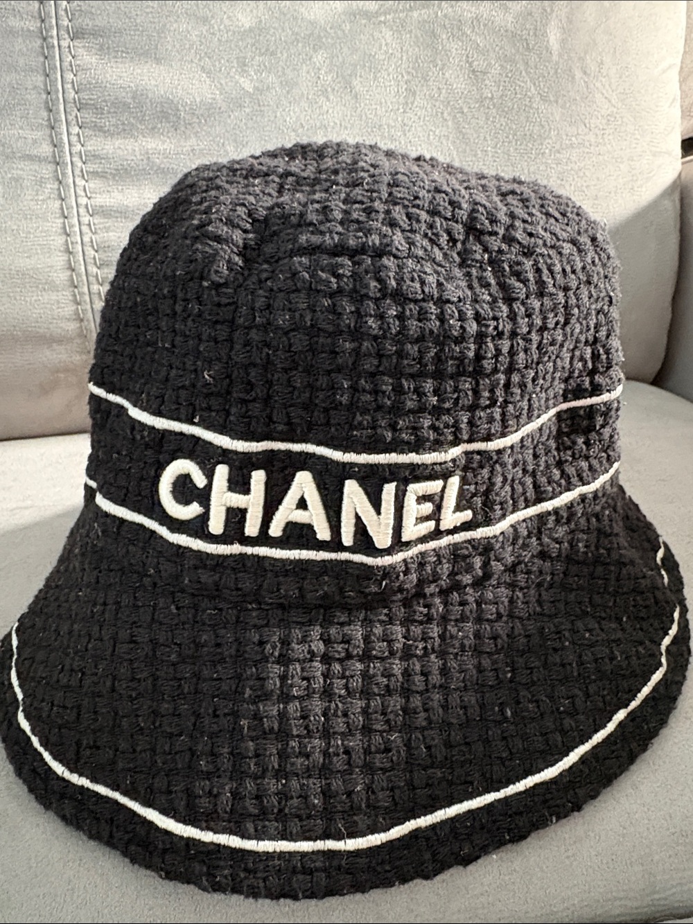 Chanel Black Bucket Hat with White Trim and CC Logo